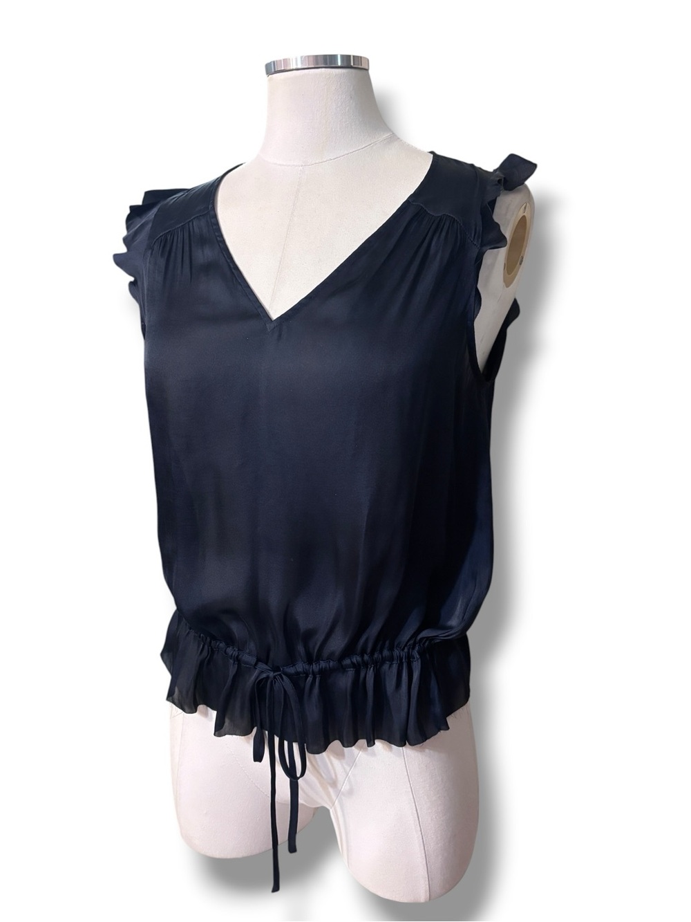 BANANA REPUBLIC Navy Soft Satin Ruffle Top Size XS